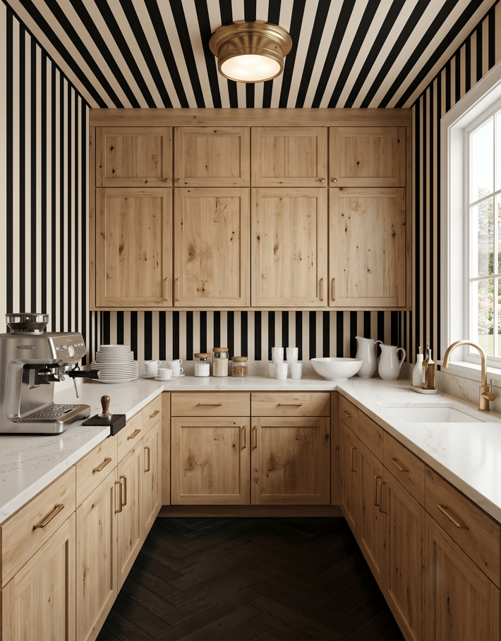 BW stripe med wood cabinets 5-26