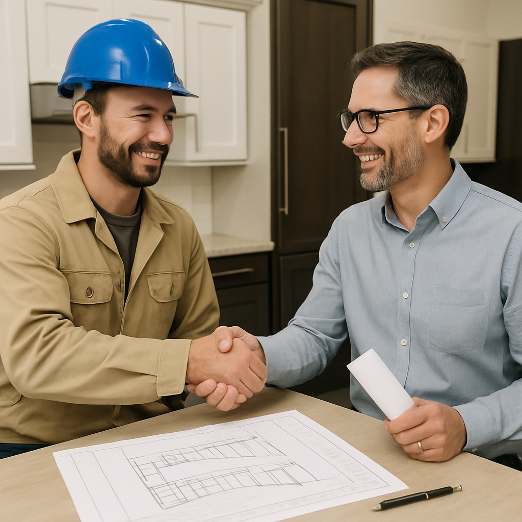 Contractor and a cabinet designer or supplier shaking hands or collaborating over plans in a showroom or office-1