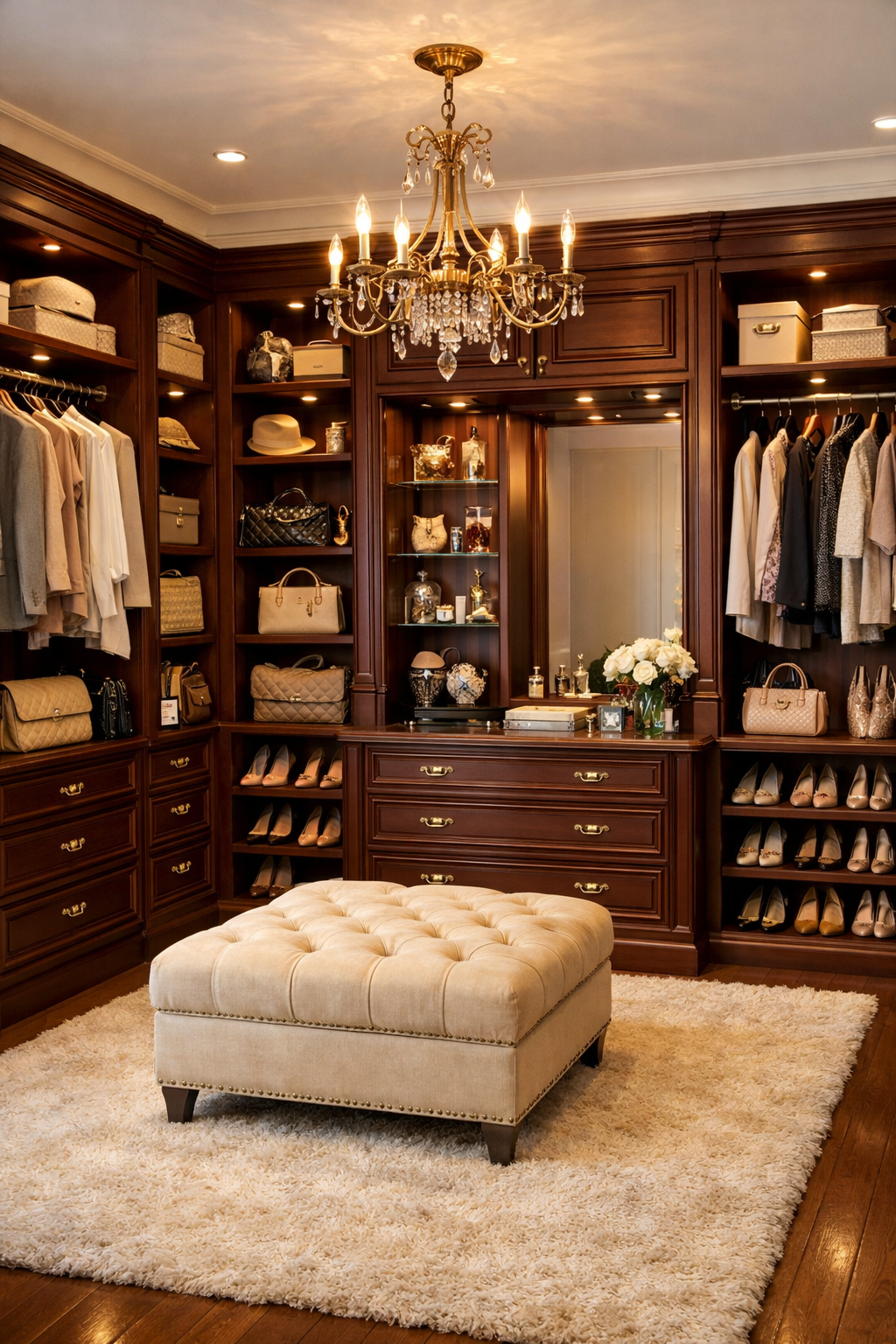 Imagine a luxurious walkin closet with elegant cabinets made of rich mahogany and adorned with intricate brass handles The space is softly illuminated-1