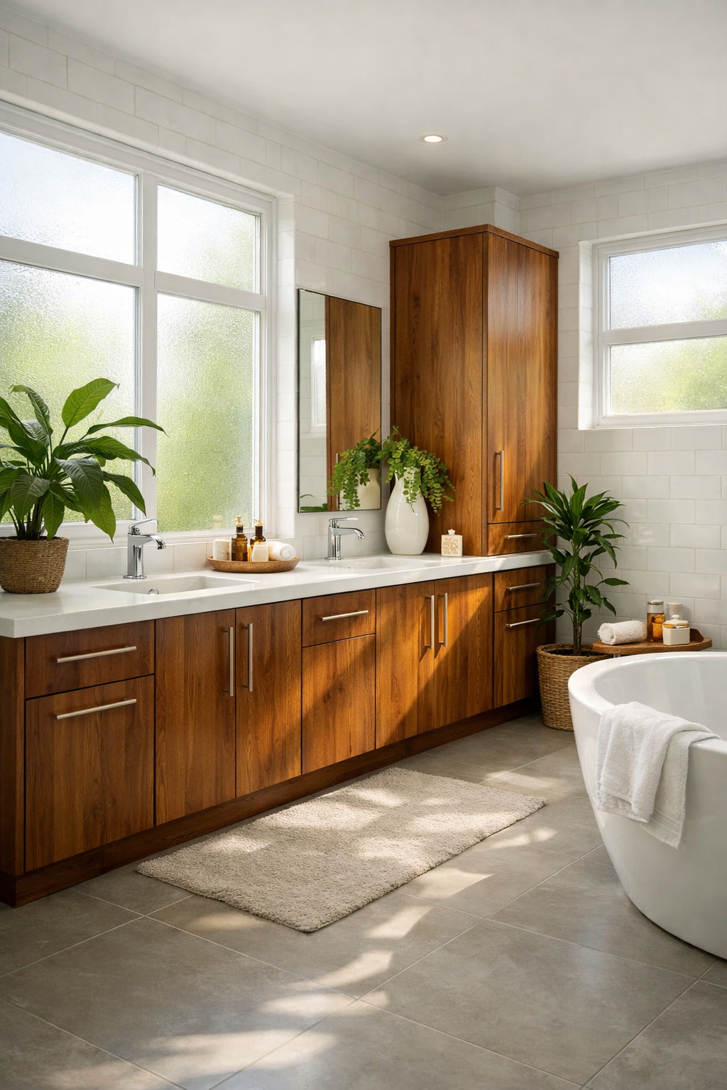 Imagine a serene modern bathroom adorned with exquisite natural wood cabinets their warm tones contrasting gracefully against sleek white tiles Sunlig-1