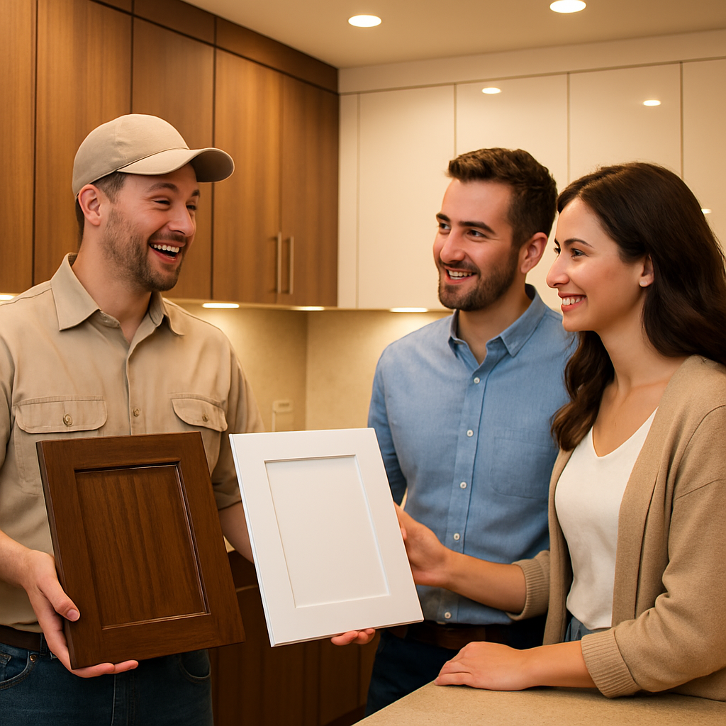 In a bright and inviting kitchen showroom a contractor enthusiastically presents two stunning sets of cabinet door samples to an engaged couple The sl
