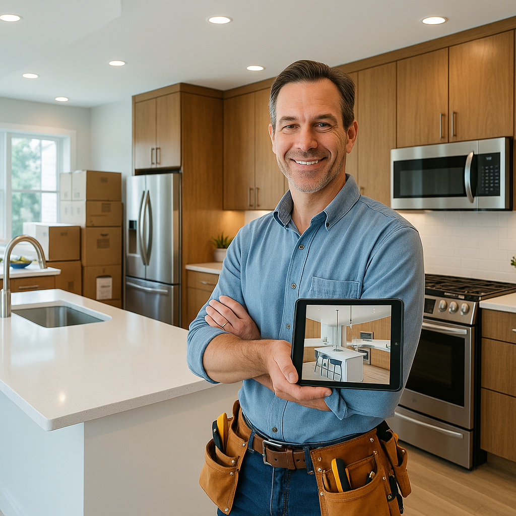 In a spacious modern kitchen filled with natural light a professional male contractor in his 40s stands confidently in the foreground wearing a tool b