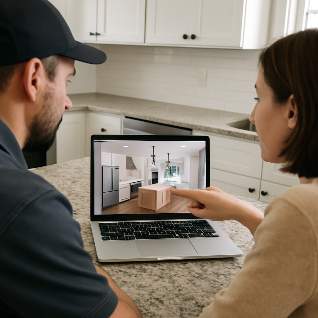 Over-the-shoulder shot of a contractor showing a kitchen proposal or images on a laptop in the client’s existing kitchen.