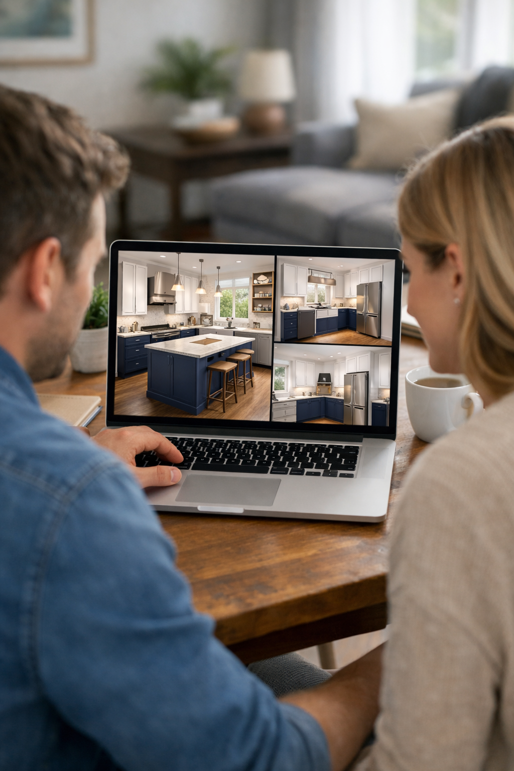 a couple looking at 3D renderings of their kitchen cabinet designs on their laptop Our HD 3D renderings bring your project to life in stunning realist-3