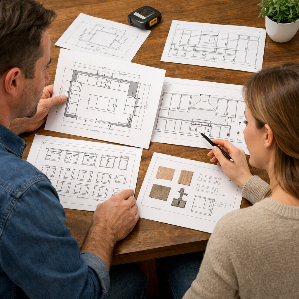 a couple looking at their buildready documents for kitchen cabinets at their table these would include Scaled floor plans elevations and cabinet sched