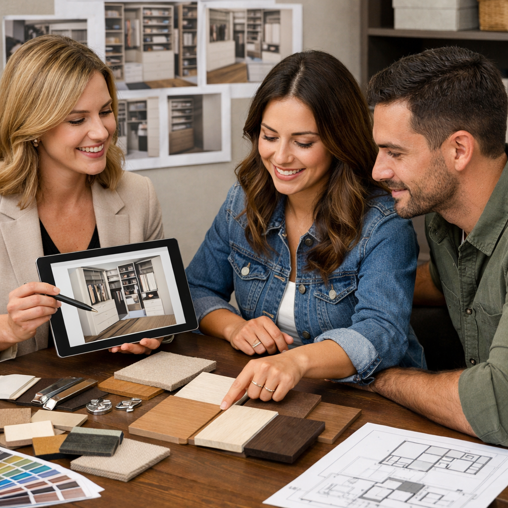 a designer helping a couple wanting a custom closet design show a desk with samples and design elements and have the designer sitting next to the coup