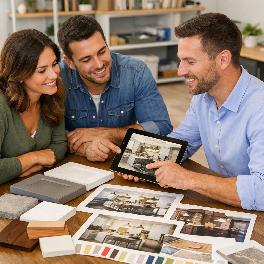 a designer sitting with a couple helping them design their dream kitchen have cabinet and color samples and pictures of different kitchen designs on t-1