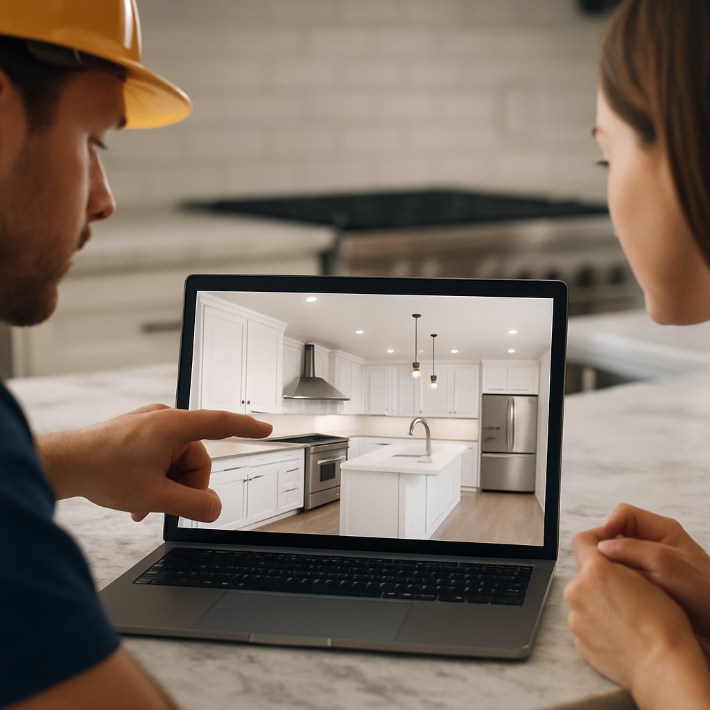 closeup of Laptop or tablet on a kitchen island displaying a 3D kitchen render with a contractor and homeowner looking at it