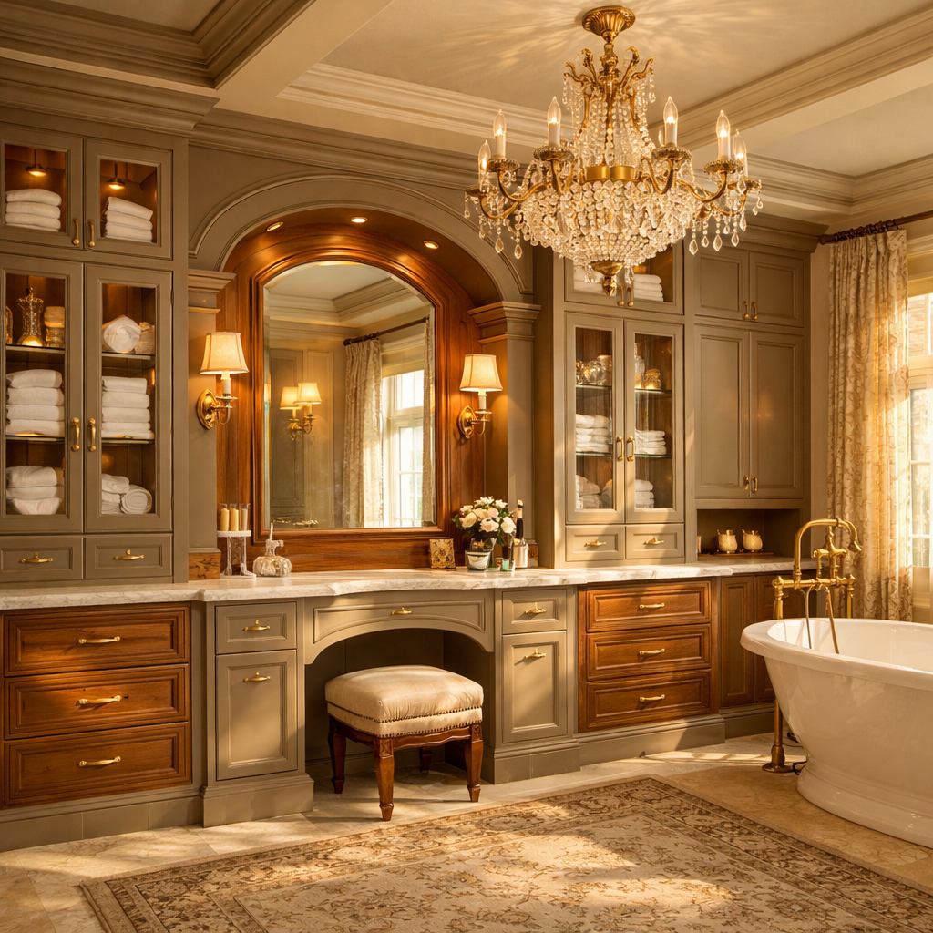 photographic a beautifully designed bathroom with custom designed bathroom cabinetsWarm sunlight is coming in through the windowsThis image showcases