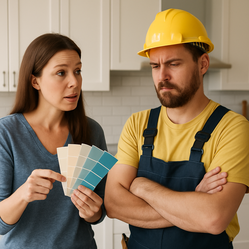 photorealisitic image of a woman in her 30s stands in kitchen and shows paint color swatches to her contractor as if she is asking him to decide He do