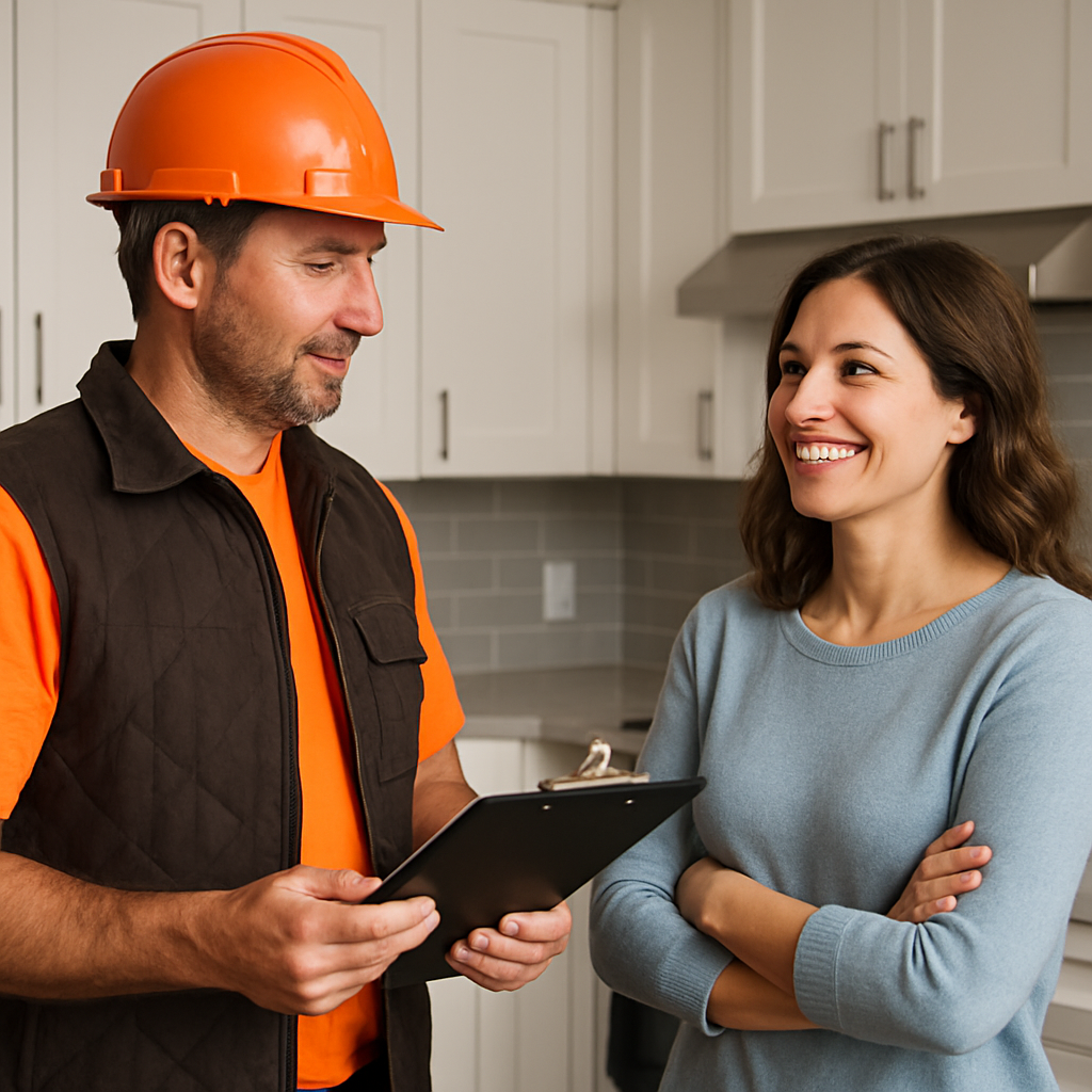 photorealistic contractor with a hard hat color  DD5B2C standing in a modern kitchen he is holding a clipboard and talking to a woman in her 30s she l-1