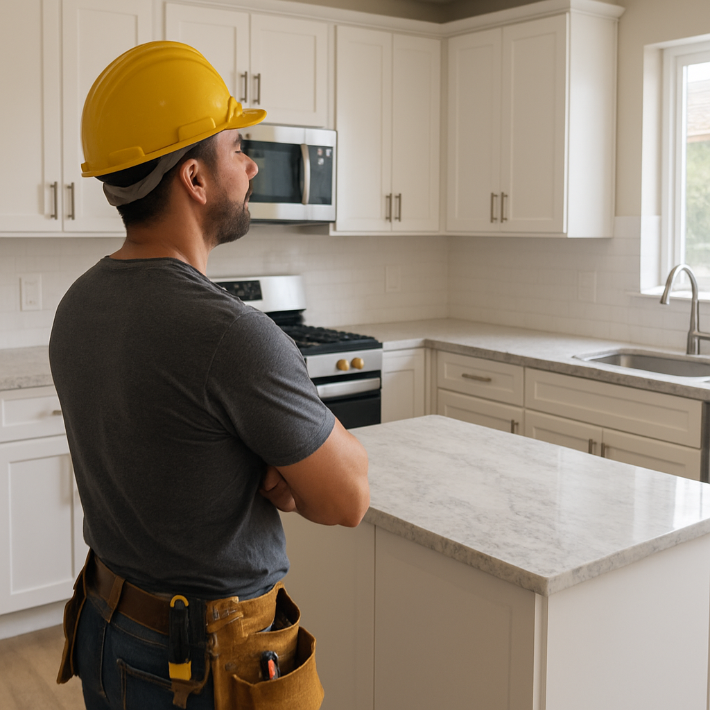 photorealistic image of a contractor admiring his craftsmanship a newly remodeled kitchen