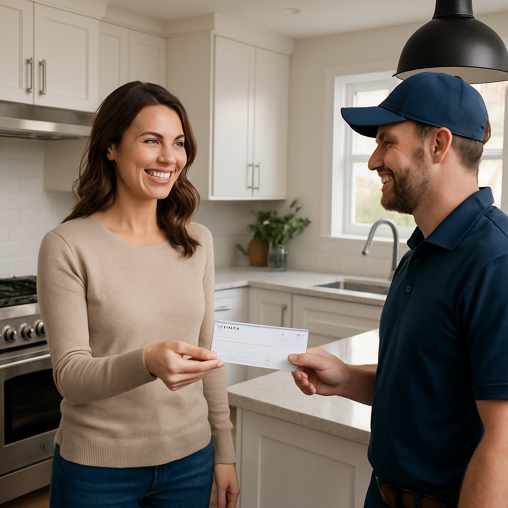 photorealistic image of a woman in her 30s standing in a beautiful  modern new kitchen happily hands her contractor a check and says thanks for comple