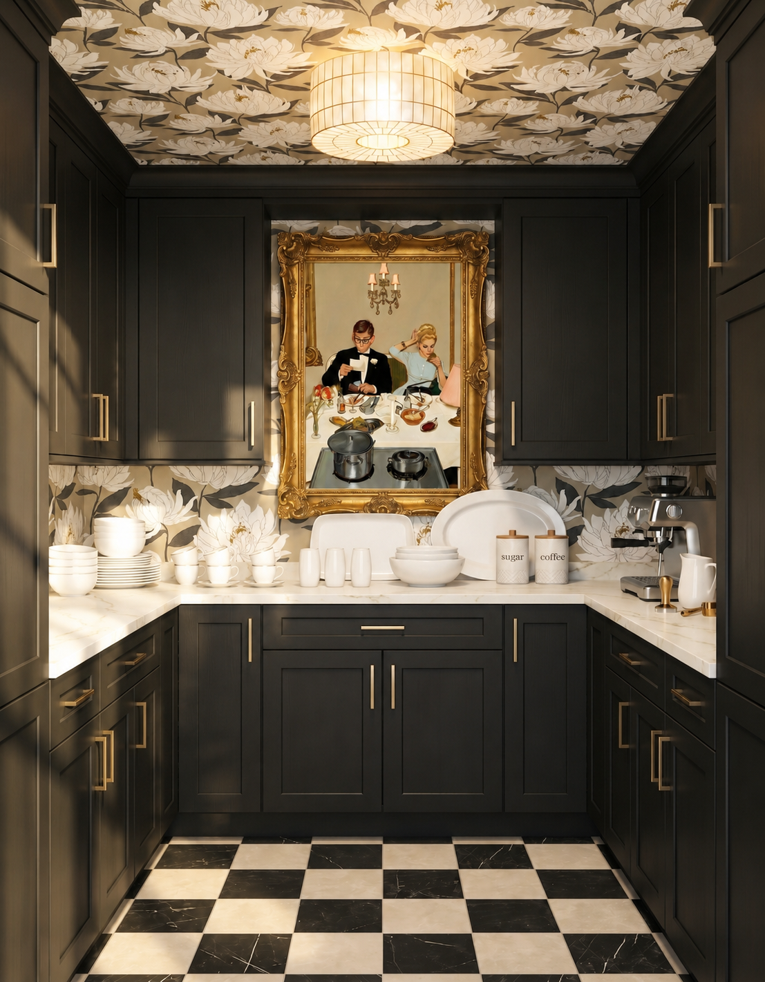 Black cabinets with black and white checkered flooring