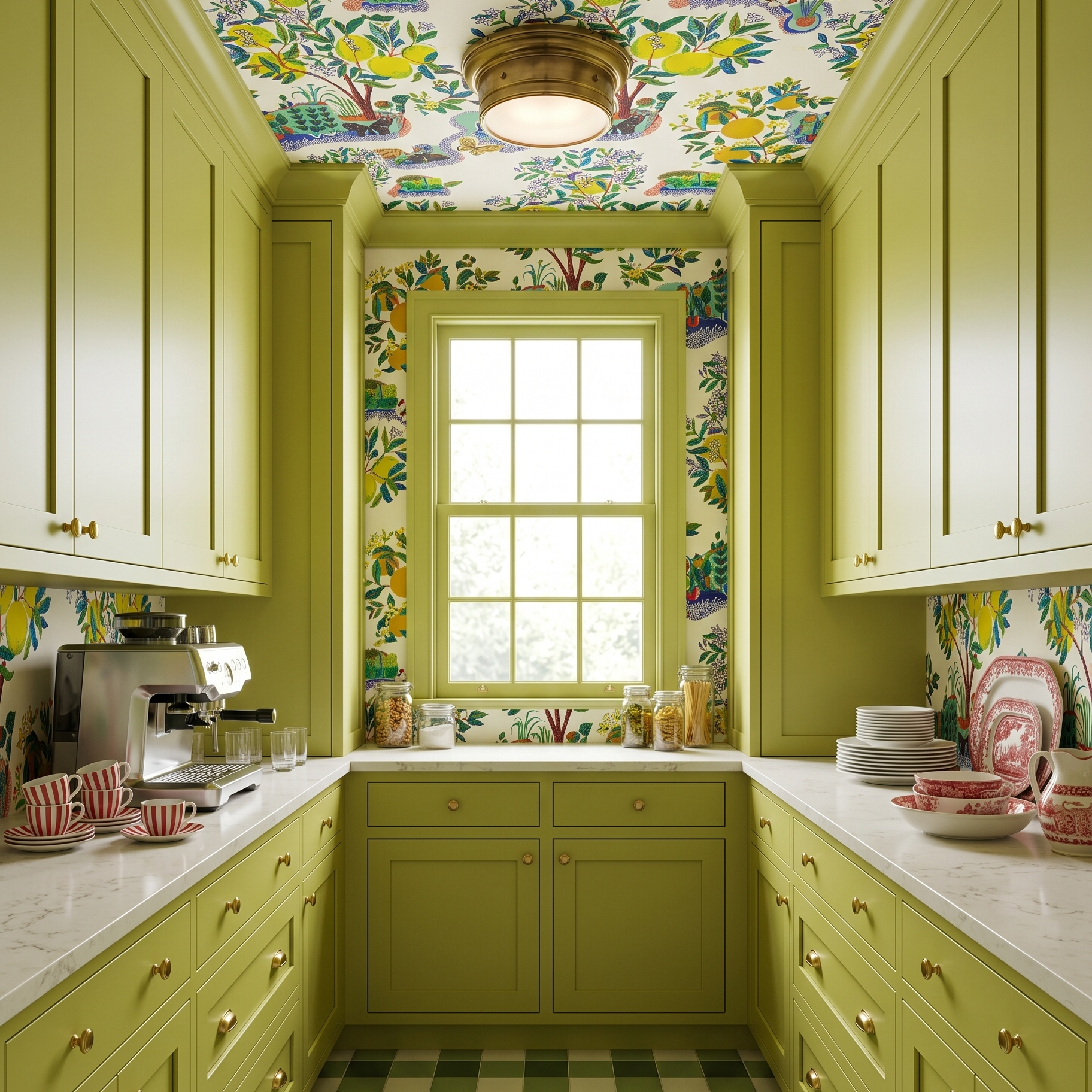 Chartreuse cabinets with happy lemon toile wallpaper