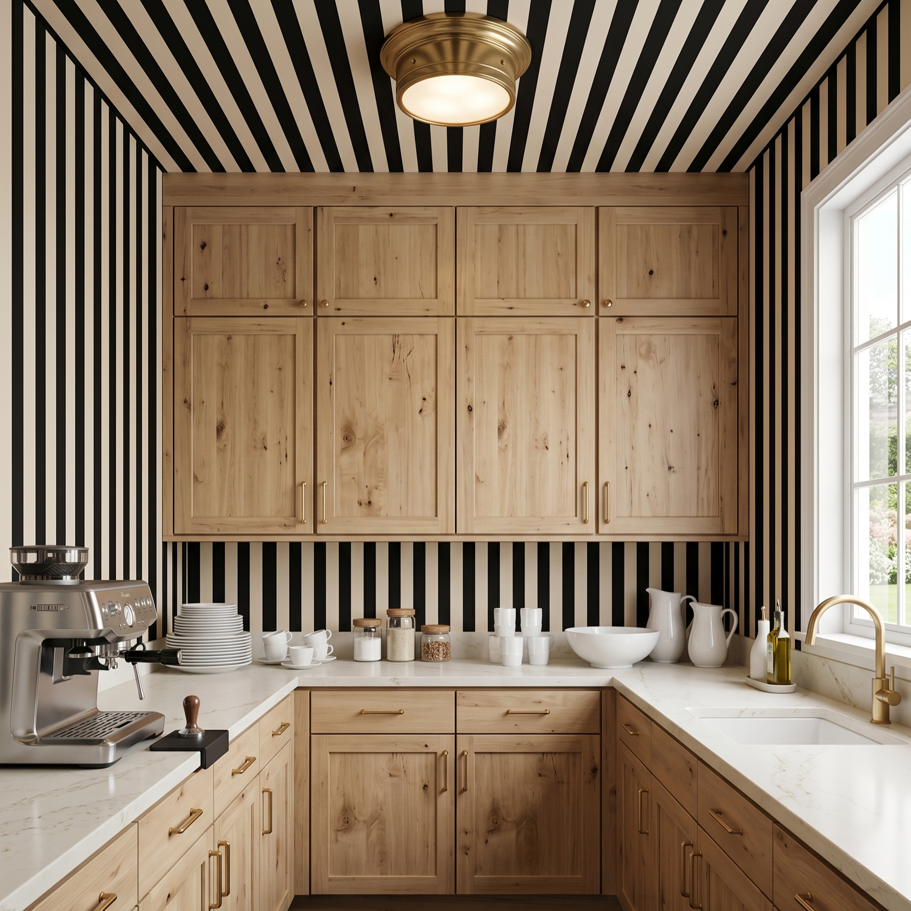 Natural wood cabinets with black & white stripe wallpaper