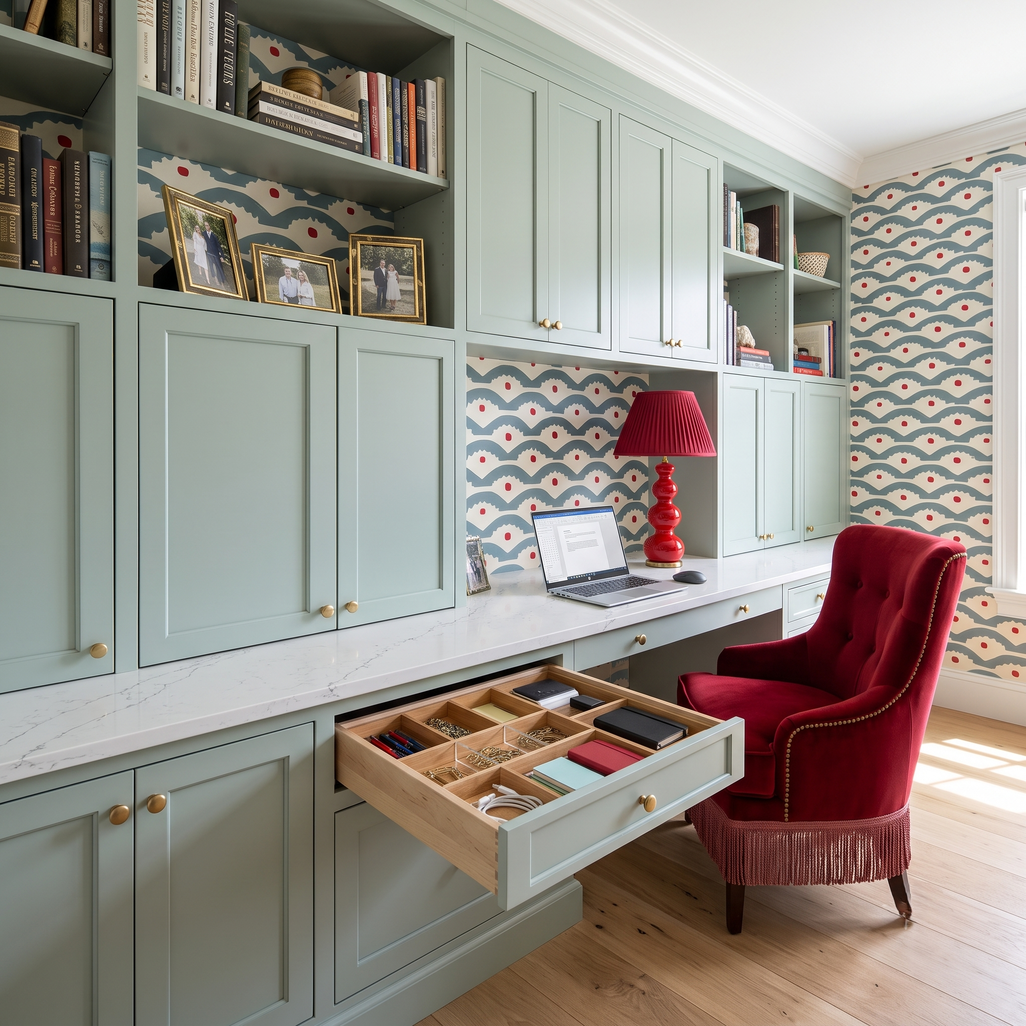 Seafoam green cabinets with blue and red wallpaper