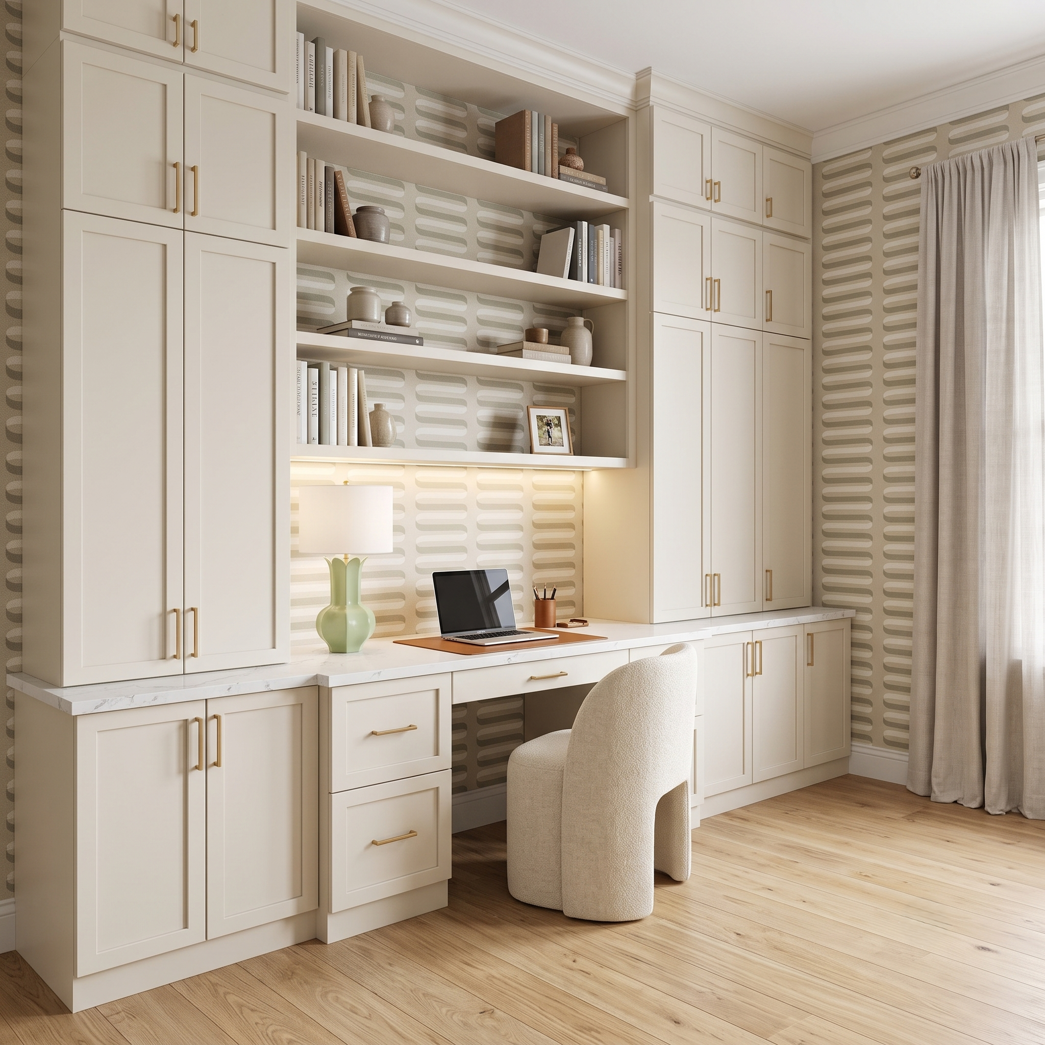 Off white cabinets with sand colored funky wallpaper