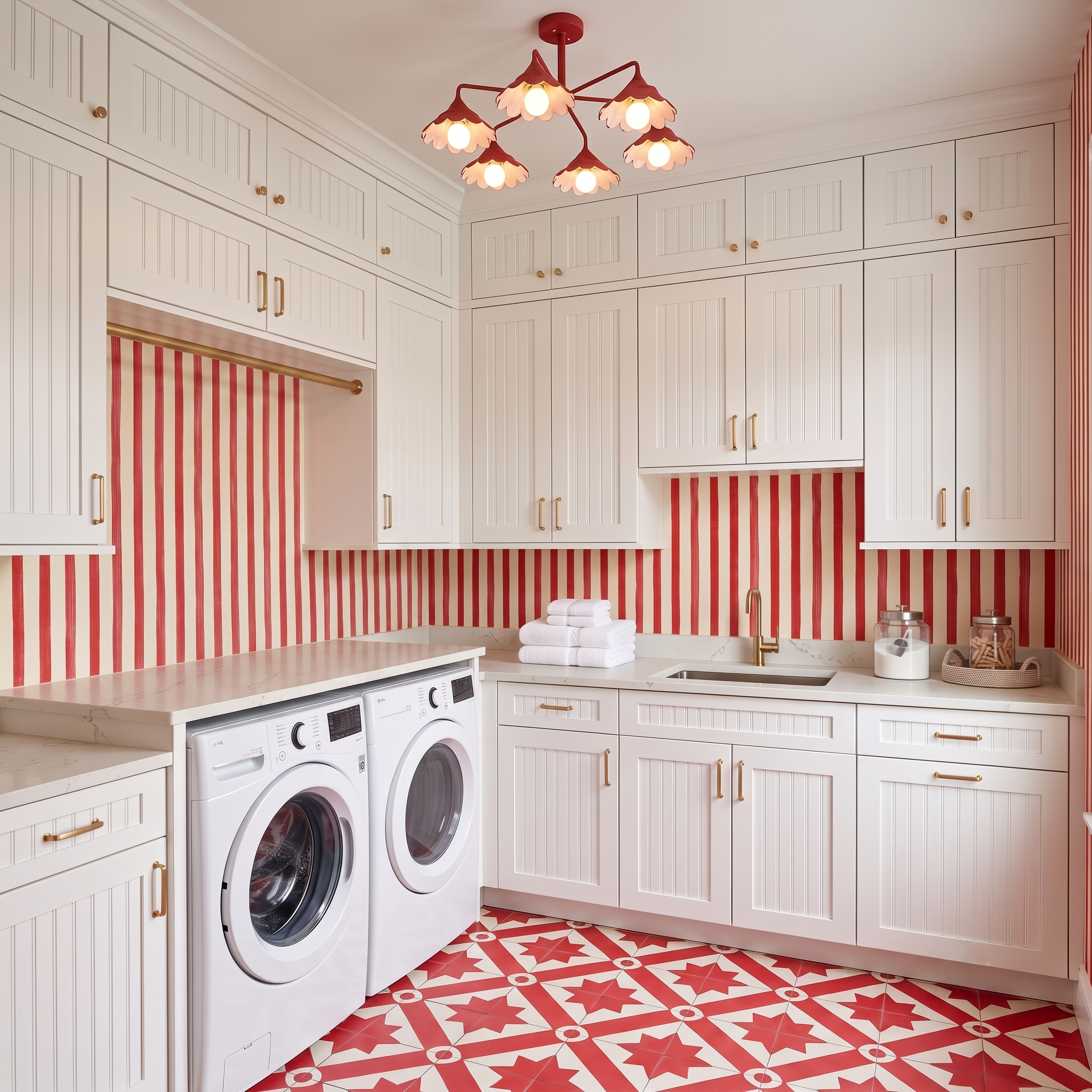A kind of wild laundry room theme with red and white striped wall paper.