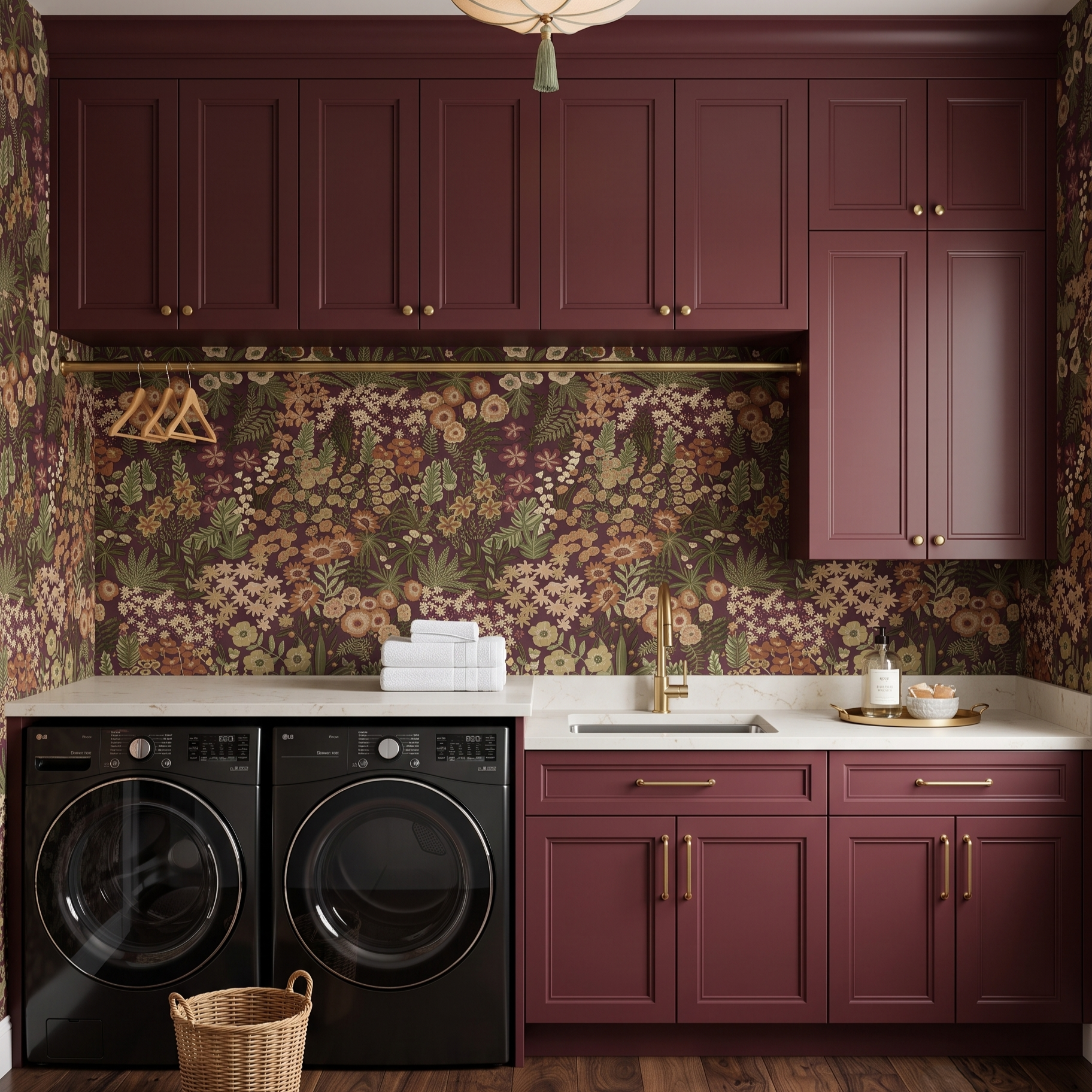 Plum colored cabinets with a rich botanical wallpaper