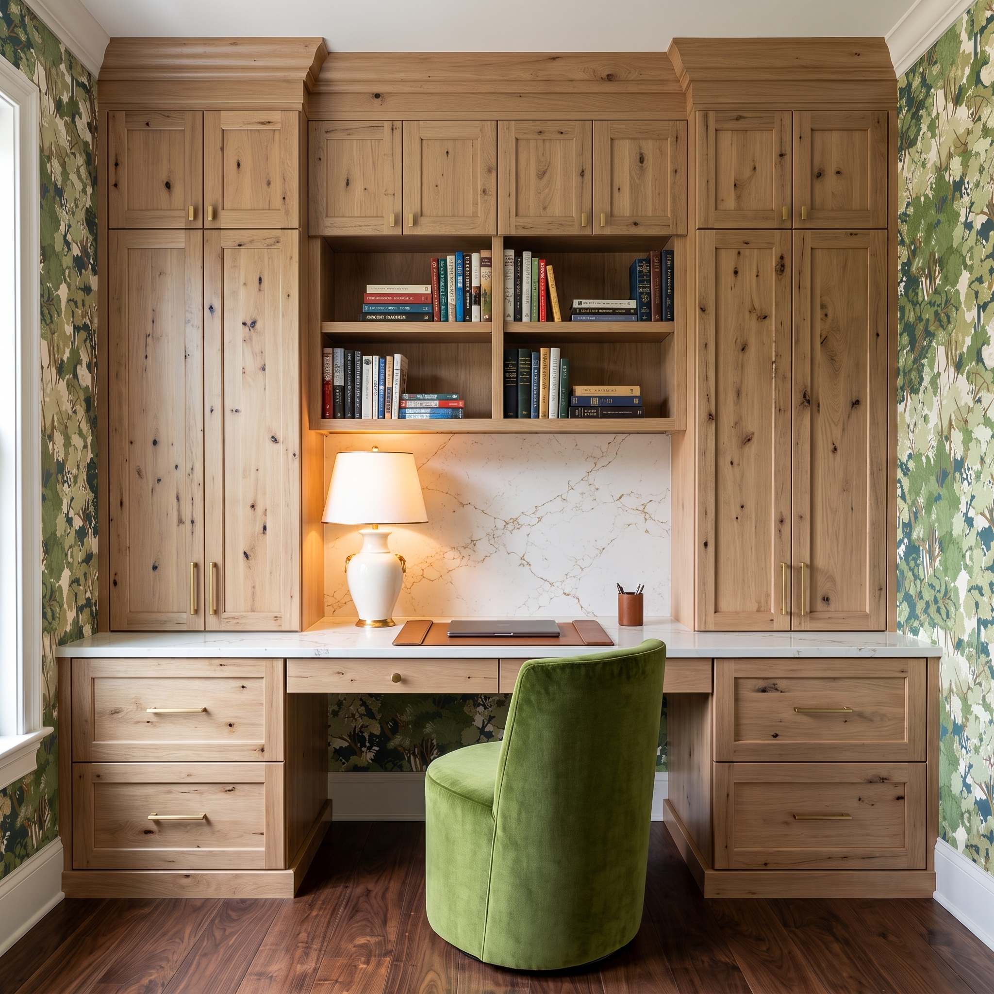 Natural stained wood cabinets with green floral wallpaper