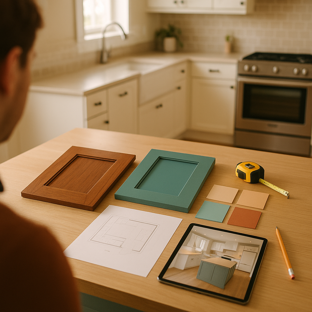 Photorealistic lifestyle scene of an inhome kitchen consult overtheshoulder view toward a tidy island where curated cabinet door samples warm walnut p